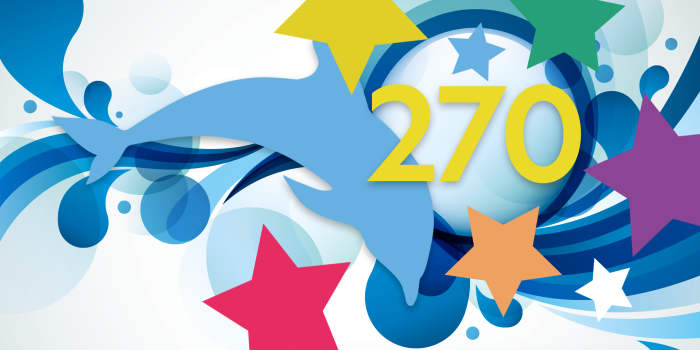<p>A colourful animated image of dolphin jumping over swirls and stars and the number 207
