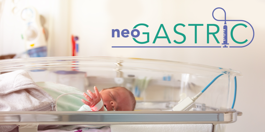 Image of a small baby in a special care unit bed.  Also the NeoGASTRIC Logo