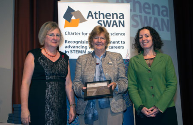 Sue and Maria collect the NPEU's Athena Swan silver award.