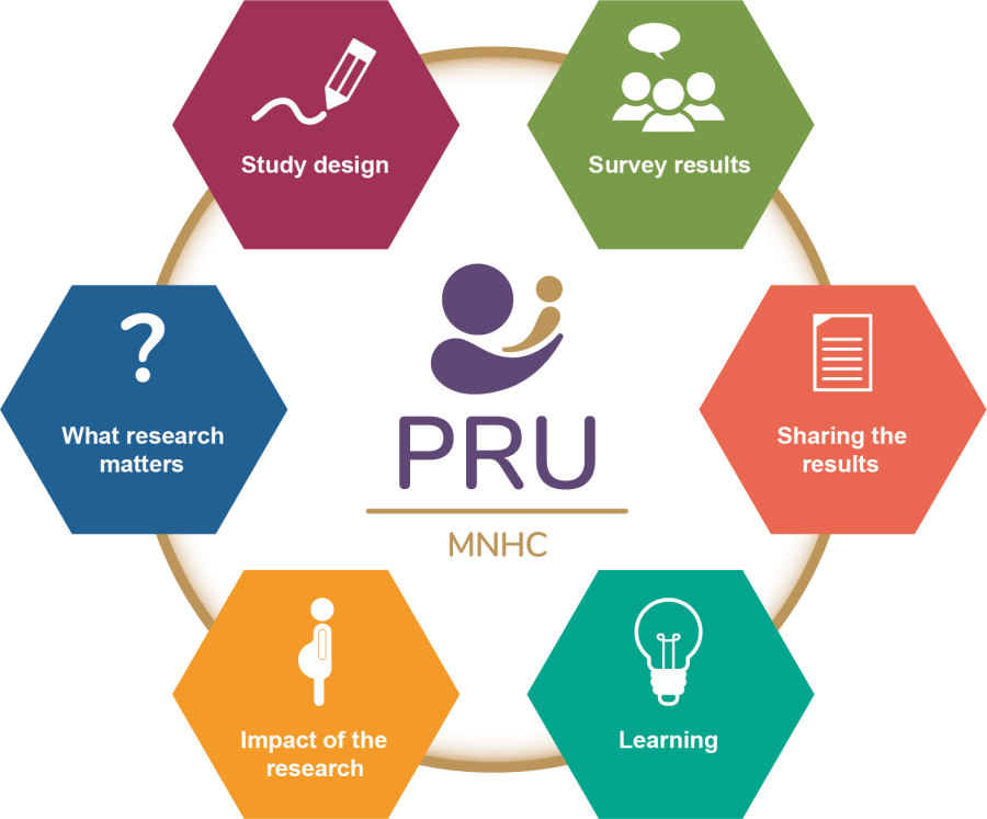 PRU strategy graphic: PRU logo with surrounding boxes containing the word groups Study Design; Survey Results; Sharing the Results; Learning; Impact of the Research and What Research Matters?