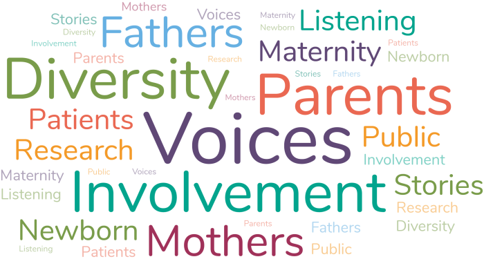 Word cloud with prominent words: Voices, Diversity, Parents, Involvement, Mothers and Fathers
