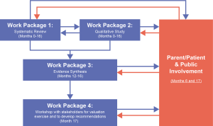 Flow diagram of the four linked work packages of the VALENTIA study. Full description below.